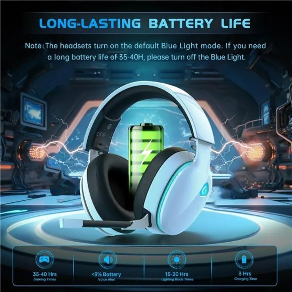 2.4GHz Wireless Gaming Headset Gaming Headphones Bluetooth Battery Mic White